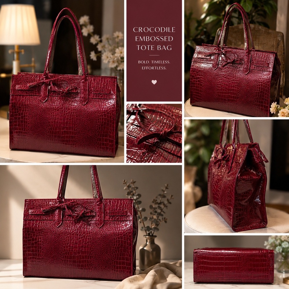 Elizabeth Arden Crocodile Embossed Tote Bag  Large Burgundy Weekender Laptop